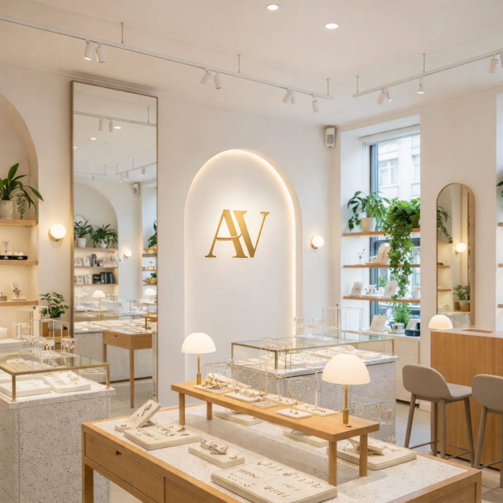 An Aurum & Valen concept interior in warm ivory and gold, with jewellery displays and the AV monogram